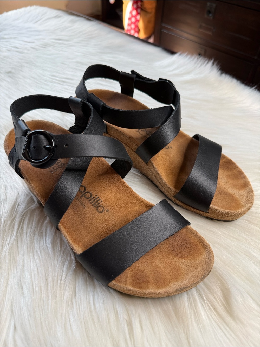 Papillio by Birkenstock Black Leather Sibyl Cork Wedge Sandals